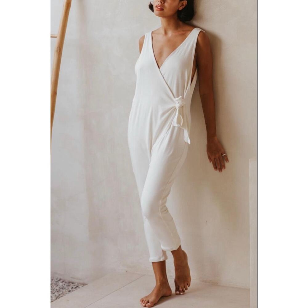 Myrah Penaloza Tru Playsuit White Jersey Stretch Jumpsuit Sleeveless Wrap OS